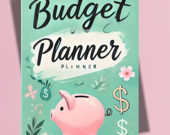 May include: A green budget planner with a pink piggy bank and dollar signs. The text on the cover reads "Budget Planner".