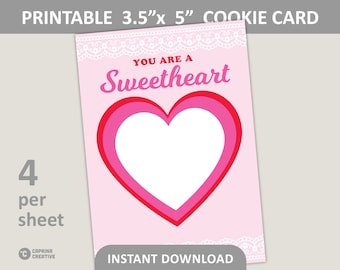 You Are A Sweetheart Cookie Printable / Valentines Day Baking / 3.5” x 5” Cookie Cards / PDF Digital Download