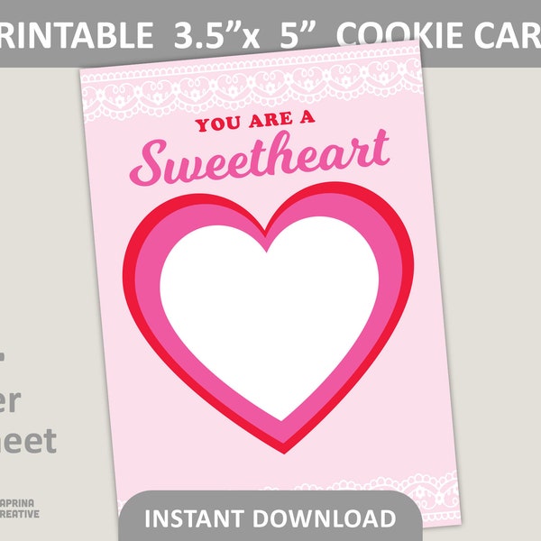 You Are A Sweetheart Cookie Printable / Valentines Day Baking / 3.5” x 5” Cookie Cards / PDF Digital Download