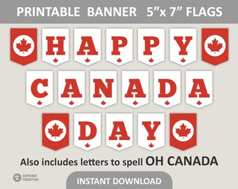 Canada Day Banner Printable / Oh Canada Day Decorations / Red & White / 5" x 7" Pennant Flags / 8.5" x 11" PDF Instant Download