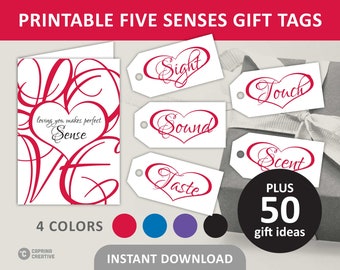 5 Senses Gift Tag Printable / Five Senses Gift Tags & Card / 50 Gift Ideas for Him or Her / Elegant Script Font / PDF Digital Download
