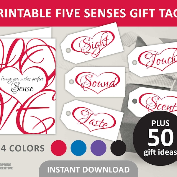5 Senses Gift Tag Printable / Five Senses Gift Tags & Card / 50 Gift Ideas for Him or Her / Elegant Script Font / PDF Digital Download