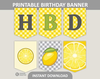 Lemon Birthday Banner Printable / Citrus Party Decor / Happy Birthday Banner / 5x7" Flags / 8.5 x 11" PDF Digital Download
