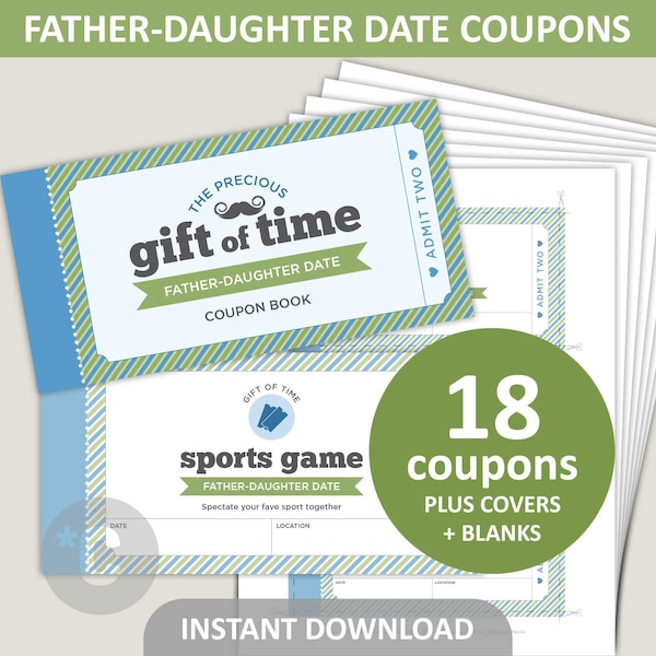 Father Daughter Dates Coupon Book Printable / Birthday Gift for Dad from Daughter / 6" x 3" Dad Coupons / PDF Digital Download