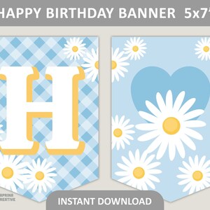 Gänseblümchen Geburtstagsbanner druckbar / Gänseblümchen auf Baby blau kariert / Happy Birthday Party Decor / 5x7&quot; Flaggen / 8,5 x 11&quot; PDF Digital Download