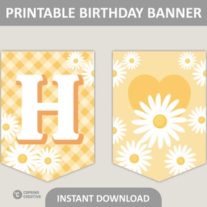 Gänseblümchen Geburtstagsbanner druckbar / Gänseblümchen auf gelb kariert / Happy Birthday Party Decor / 5x7&quot; Flaggen / 8,5 x 11&quot; PDF Digital Download