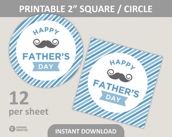 Fathers Day Cookie Tags Printable / Blue Pinstripe Pattern / 2" Square or 2" Circle Stickers / PDF Digital Download