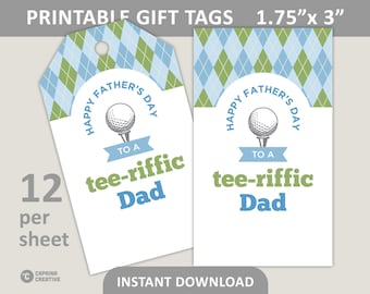 Happy Fathers Day Tags Printable / Tee-riffic Dad Golf Theme Cookie Tags / 1.75" x 3" Gift Tags / PDF Digital Download