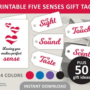 5 Senses Gift Tag Printable / Five Senses Gift Tags & Card / 50 Gift Ideas for Him and Her / Classic Cursive / PDF Digital Download