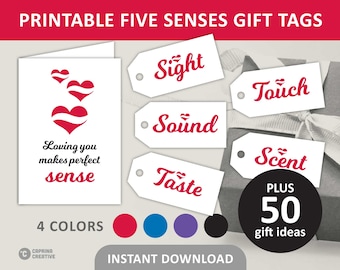 5 Senses Gift Tag Printable / Five Senses Gift Tags & Card / 50 Gift Ideas for Him and Her / Classic Cursive / PDF Digital Download
