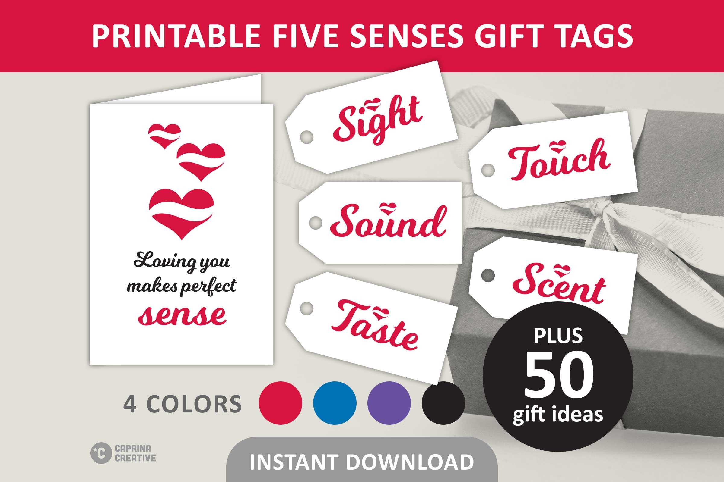 5 Senses Gift Tag Printable / Five Senses Gift Tags & Card / 50 Gift Ideas  for Him and Her / Classic Cursive / PDF Digital Download 