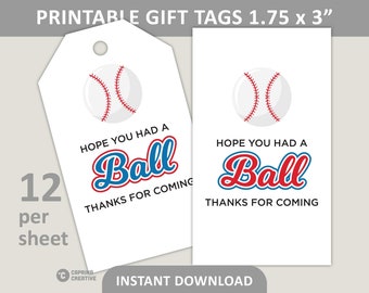 Sports Theme Birthday Party Favor Tags Printable / Baseball Tournament / Hope You Had a Ball / Thanks for Coming / PDF Digital Download