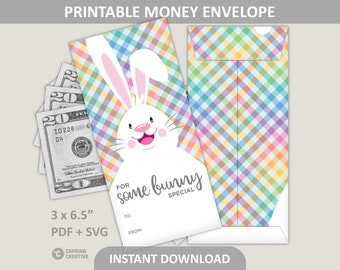 Portamonedas de Pascua imprimible / Sobres de primavera / Especial de conejito / Funda para billetes / 7,6 x 16,5 cm / Descarga digital en PDF y SVG