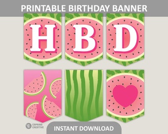 Watermelon Birthday Banner Printable / Watermelon Party Decor / Happy Birthday Banner / 5x7" Flags / 8.5 x 11" PDF Digital Download