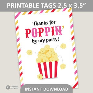 Popcorn Party Favor Tags Printable / 2.5&quot; x 3.5&quot; Favor Tags for Kids Birthday Party / PDF Digital Download