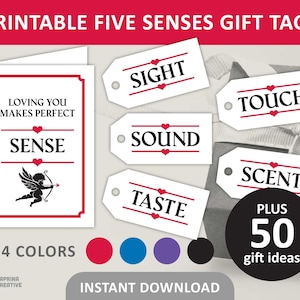 Étiquette cadeau 5 Senses imprimable / Étiquettes cadeaux et carte Five Senses / 50 idées cadeaux pour lui ou elle / Design traditionnel / Téléchargement numérique PDF