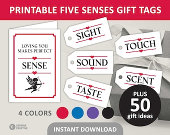 5 Senses Gift Tag Printable / Five Senses Gift Tags & Card / 50 Gift Ideas for Him or Her / Traditional Design / PDF Digital Download
