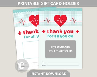 Thank You Nurse Gift Card Holder Printable / Medical Thanks / Doctor Appreciation / Heart / 5" x 7" Gift Card Backer / PDF Digital Download