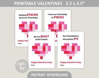 Printable Valentines Cards / Classroom Valentines Exchange / Building Bricks / 2.5" x 3.5" Kids Valentines / PDF Digital Download