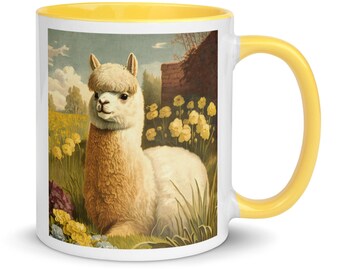 Alpaca Mug - alpaca coffee mug, cottagecore alpaca mug, vintage alpaca illustration