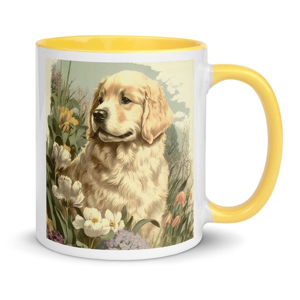 Golden Retriever Mug - dog mug, golden retriever coffee mug, cottagecore dog mug, vintage style golden retriever illustration