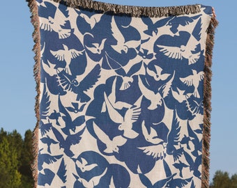 Bird Pattern Woven Blanket | Blue pattern throw blanket, vintage bird pattern tapestry