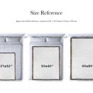 Size chart for a woven blanket. This blanket comes in three sizes - 37x52in, 50x60in, 60x80in.