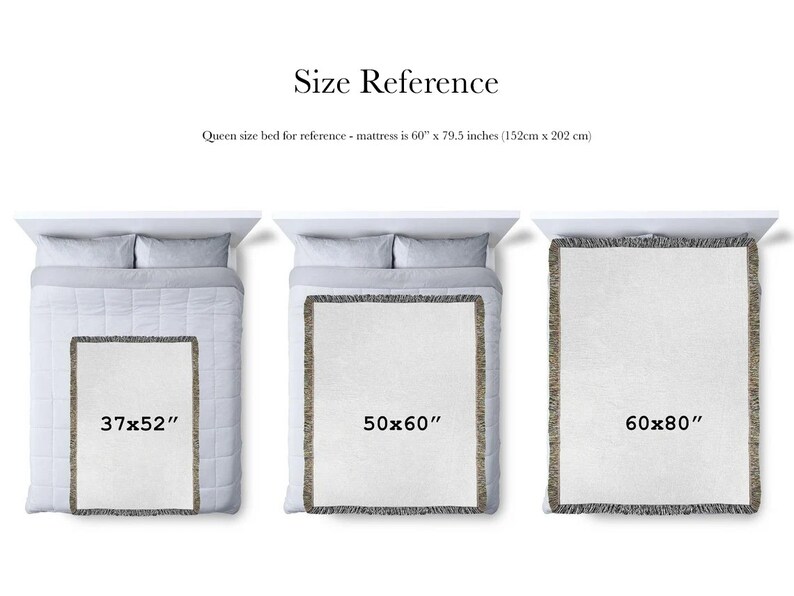 Size chart for a woven blanket. This blanket comes in three sizes - 37x52in, 50x60in, 60x80in.