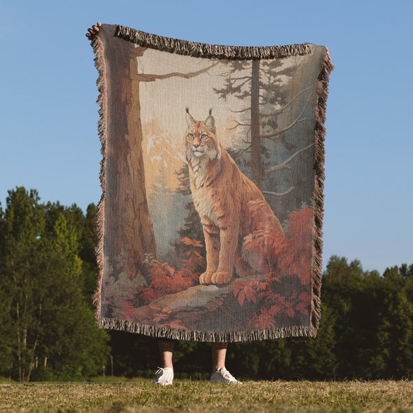 Lynx In Forest Woven Blanket | Lynx tapestry, vintage lynx art, lynx gift, cabincore blanket