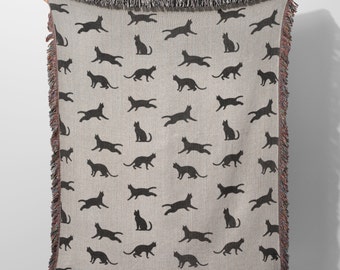 Black Cat Throw Blanket | Cat lover gift, black cat blanket, cat pattern woven blanket, cat decor, cat pattern bed spread,