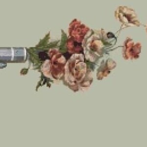 PISTOL ROSE, old fashioned, old west, pistol, gun, flower, pink, counted cross stitch pdf download pattern
