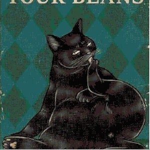 Könnte beinhalten: Ein Schild im Vintage-Stil mit dem Text "Clean YOUR BEANS" in goldfarbenen Buchstaben. Eine schwarze Katze ist der Mittelpunkt und putzt sich. Der Hintergrund ist ein teal-farbenes Rautenmuster, das dem Schild einen Retro-Look verleiht.