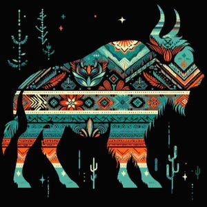 May include: A stylized illustration of a blue and orange patterned bull with horns, set against a black background with stars and trees.