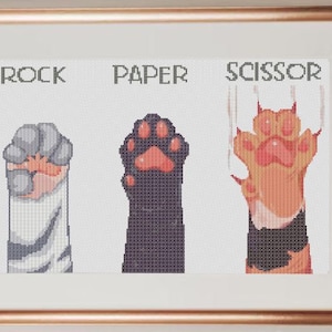 rock paper scissor, cat, beans, funny, counted cross stitch pdf download pattern