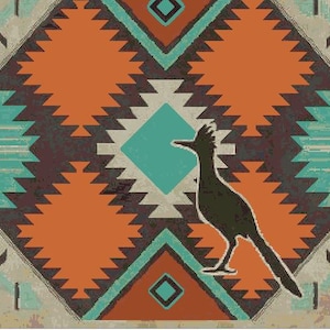 May include: A black silhouette of a roadrunner bird on a colorful geometric background with orange, teal, and brown patterns.