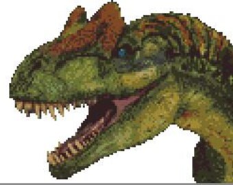May include: A close-up of a dinosaur head with a green, brown, and orange color scheme. The dinosaur has a large, toothy mouth and a prominent crest on its head.