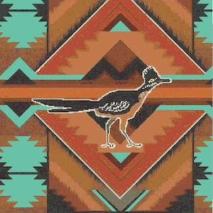 May include: A roadrunner bird with black and white markings stands on a geometric pattern of brown, orange, and turquoise.