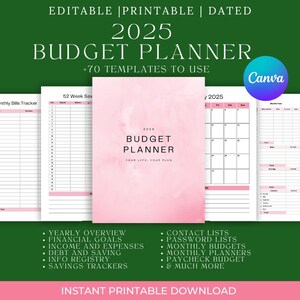 Könnte beinhalten: Ein rosa-weißer druckbarer Budgetplaner für 2025. Der Planer enthält einen monatlichen Rechnungs-Tracker, einen 52-Wochen-Spar-Tracker, ein monatliches Budget und eine jährliche Übersicht. Der Planer enthält auch Kontaktlisten, Passwortlisten und monatliche Planer. Der Planer steht zum sofortigen Download bereit.