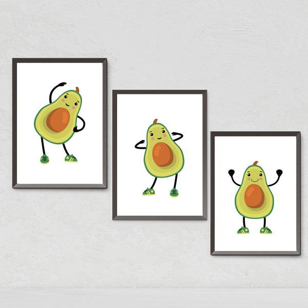 Set of 3 Prints, Avocado Lover Prints, Avocado Fun Poster, Avocado Print Illustration, Avocado Wall Art, Cute Avocado Art, Avocado Exersices