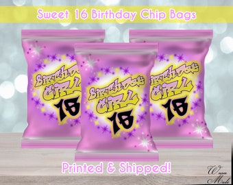 Pink Sweet 16 Birthday Chip Bags, Sweet 16 Party Favors, Custom Chip Bag, Custom Party Favors, Chip Bag Wrapper, Chip Bag Filled