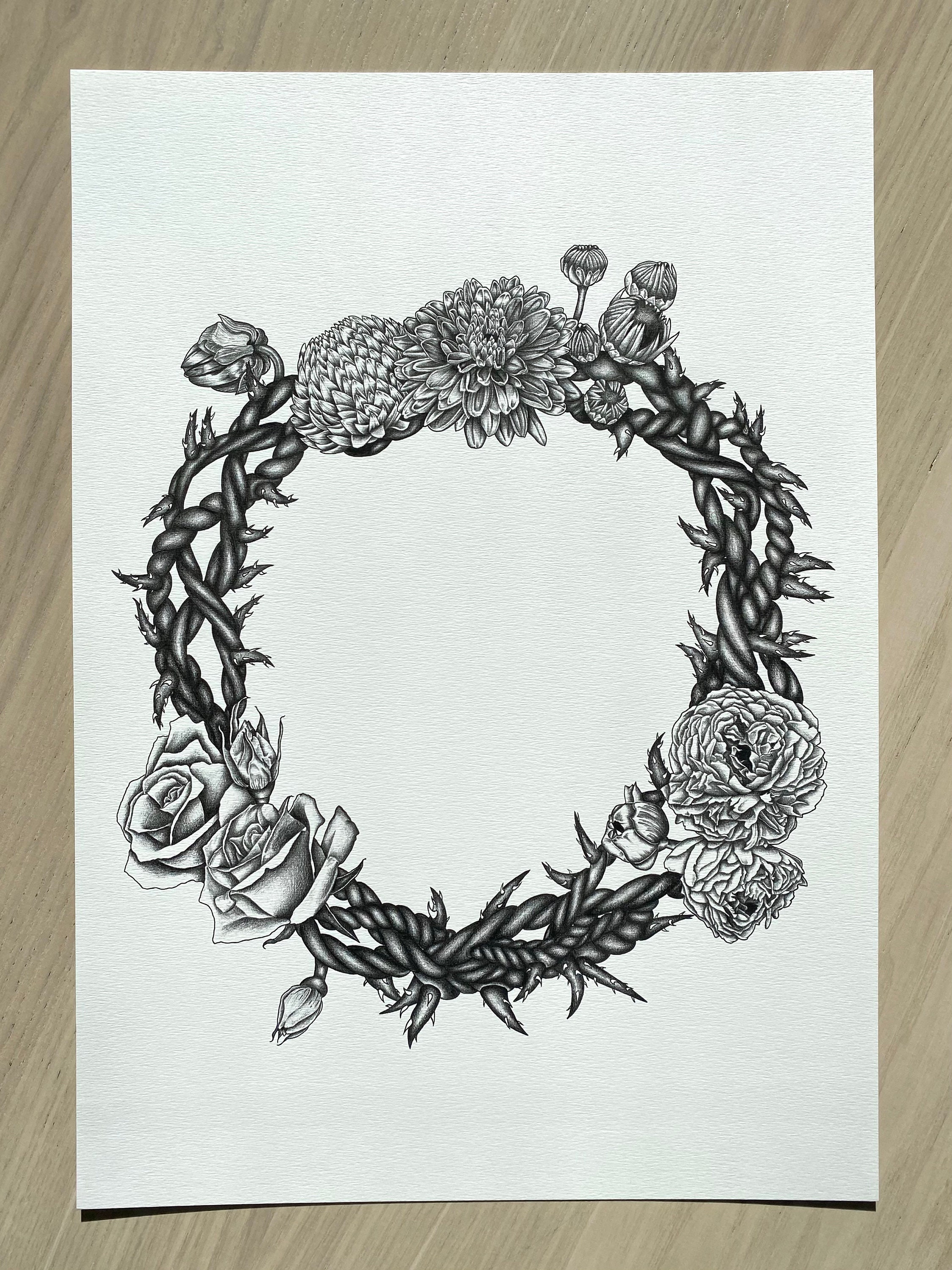 Affiche Florale/Couronne de Fleurs Floral Print A3 Impression Numérique Illustration Noir et Blanc R