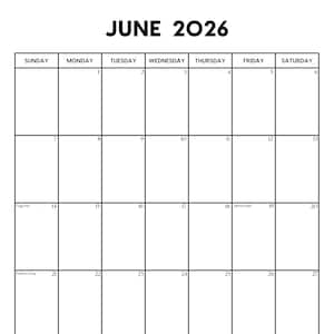 Puede incluir: Un calendario en blanco para junio de 2026, con el mes y el año en la parte superior en texto negro en negrita. Los días de la semana se enumeran en la parte superior, con fechas en formato de cuadrícula. Los días festivos incluyen el Día de la Bandera, Juneteenth y el Día del Padre.
