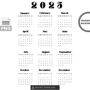 印刷可能な 2025 カレンダー PNG | 透明な背景のデジタル カレンダー | カレンダー デザイン PNG