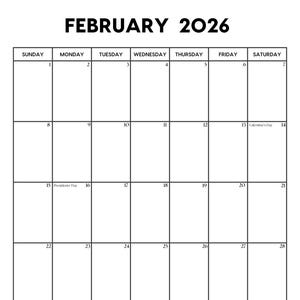 Könnte beinhalten: Ein schwarz-weißer Kalender für Februar 2026. Der Kalender zeigt die Wochentage und die Daten. Er enthält auch die Feiertage Valentinstag und Präsidententag.