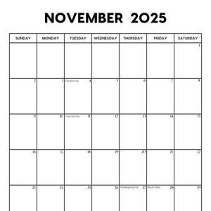 2025 November Calendar with Holidays | November Calendar Printable | Sunday & Monday Start | Letter / A4 / PDF / PNG | November Planner