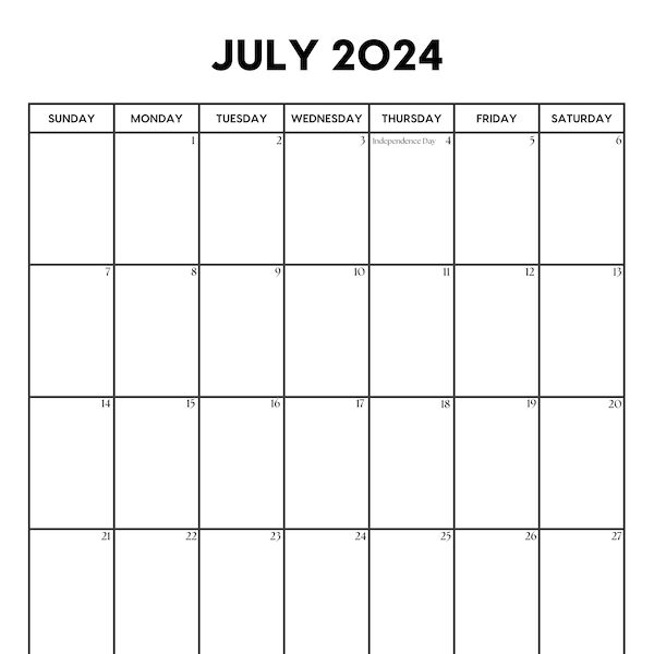 2024 July Calendar with Holidays in Portrait Orientation | July Calendar Printable | Sunday & Monday Start | Letter / A4  PDF | July Planner