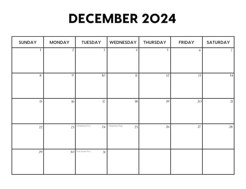 2024 December Calendar With Holidays December Calendar Printable Sunday