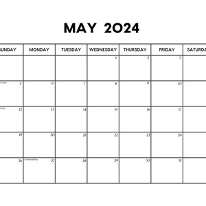 2024 May Calendar with Holidays May Calendar printable Sunday & Monday Start Letter / A4 PDF / PNG / JPG May Planner image 1