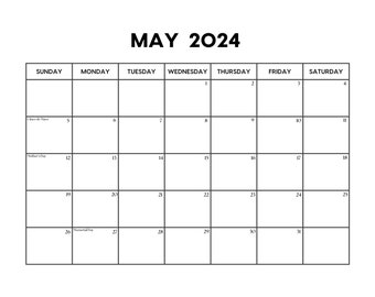 Calendario Mayo 2024 con Días Festivos / Calendario Mayo imprimible / Inicio Domingo y Lunes / Carta / A4 PDF / PNG / JPG / Planificador Mayo