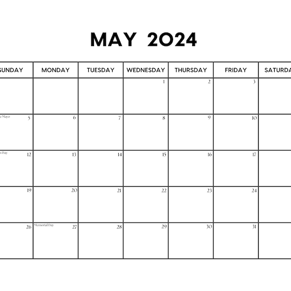 Calendario Mayo 2024 con Días Festivos / Calendario Mayo imprimible / Inicio Domingo y Lunes / Carta / A4 PDF / PNG / JPG / Planificador Mayo